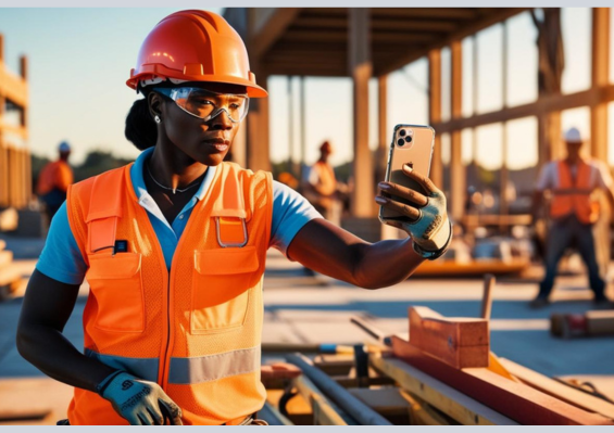 female construction worker taking photo